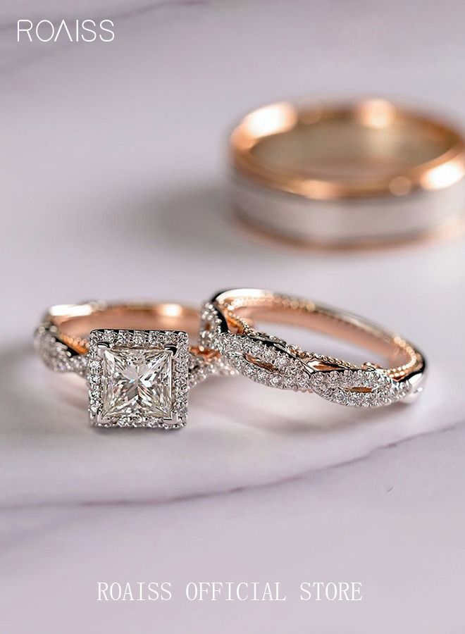 رويس طقم خواتم زركون مكون من 3 قطع، مرصع بأحجار الراين الكريستالية، خواتم وعد وخطوبة، مجوهرات أبدية، هدية زفاف، خاتم مزخرف للأزواج، للرجال والنساء والفتيات المراهقات، لون ذهبي وردي - Image 2